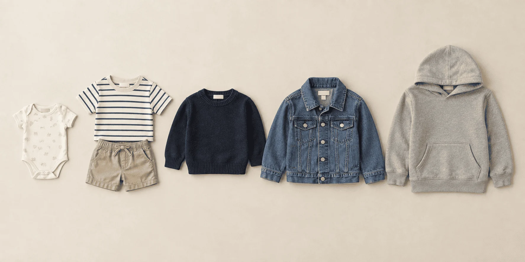 Children's clothes arranged by size from newborn to teen, a bodysuit, a striped tee with shorts, a navy jumper, a denim jacket and a grey hoodie.
