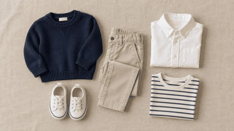Children's clothes laid out in a row, a navy knit jumper, chinos, a white shirt, a striped tee and canvas shoes.
