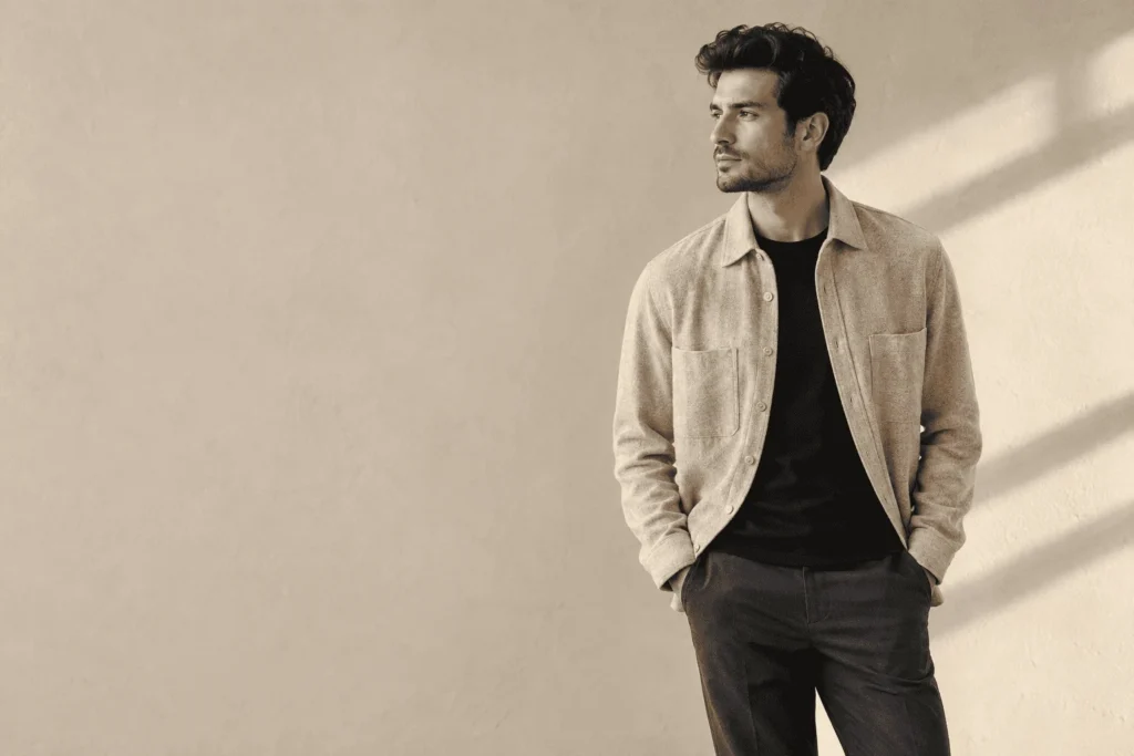A man in a cream wool overshirt and dark trousers standing against a sunlit plaster wall.