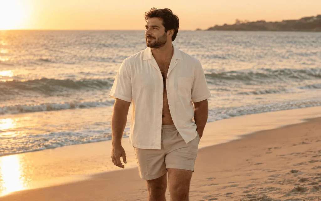 A man in an off white camp collar shirt and shorts walking on a beach at sunset.