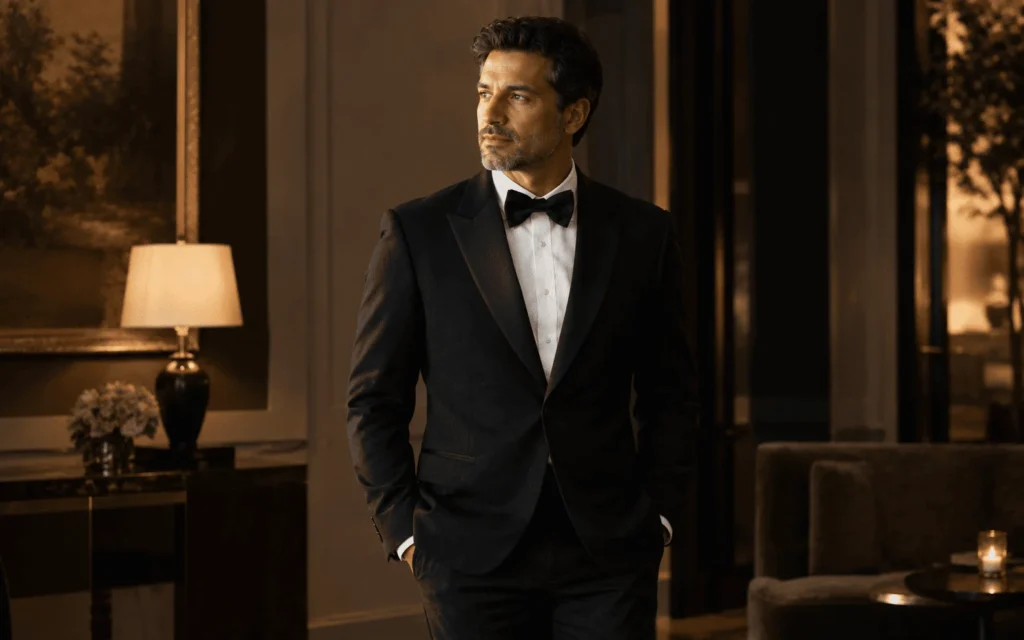 A man in a black tuxedo and bow tie in a low lit hotel interior.