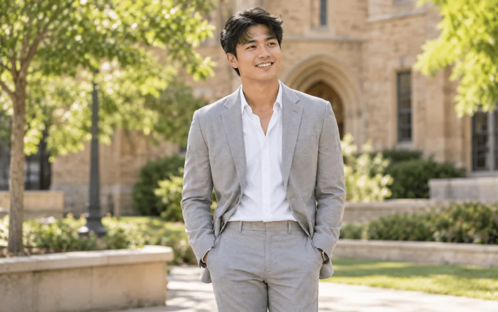 A young man in a light grey suit and open white shirt on a university campus.