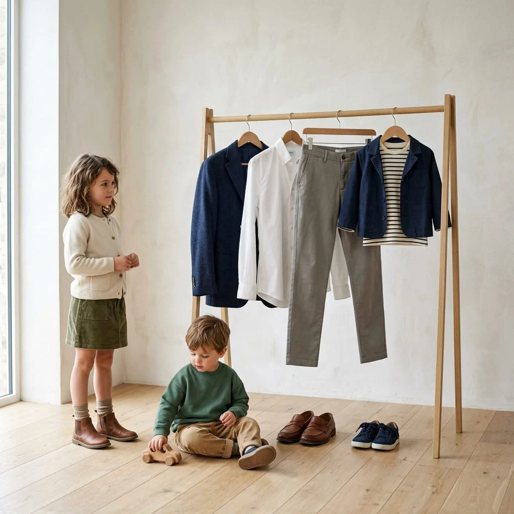A man's and a child's outfits arranged side by side on a studio rail