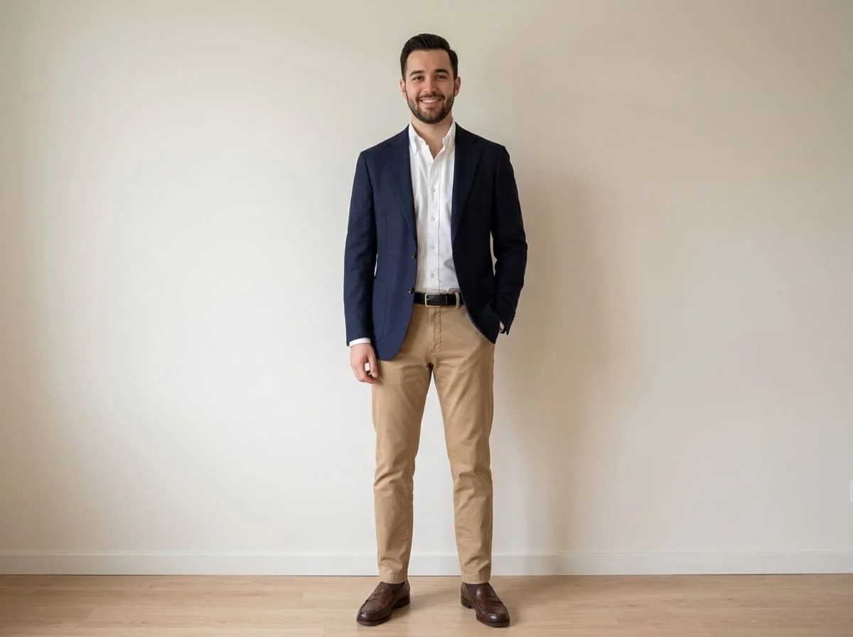 Full-length photo of a man in a navy blazer and tan trousers against a plain wall