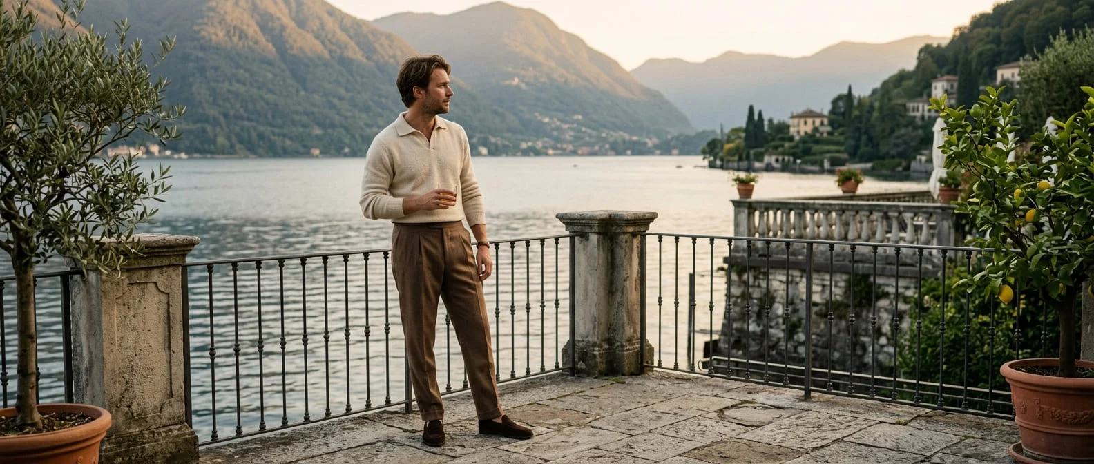 A man in a cream knitted polo, brown pleated trousers and suede loafers on an Italian lakeside terrace at sunset