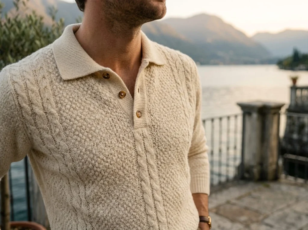 Close-up of a cream knitted polo collar and fabric texture