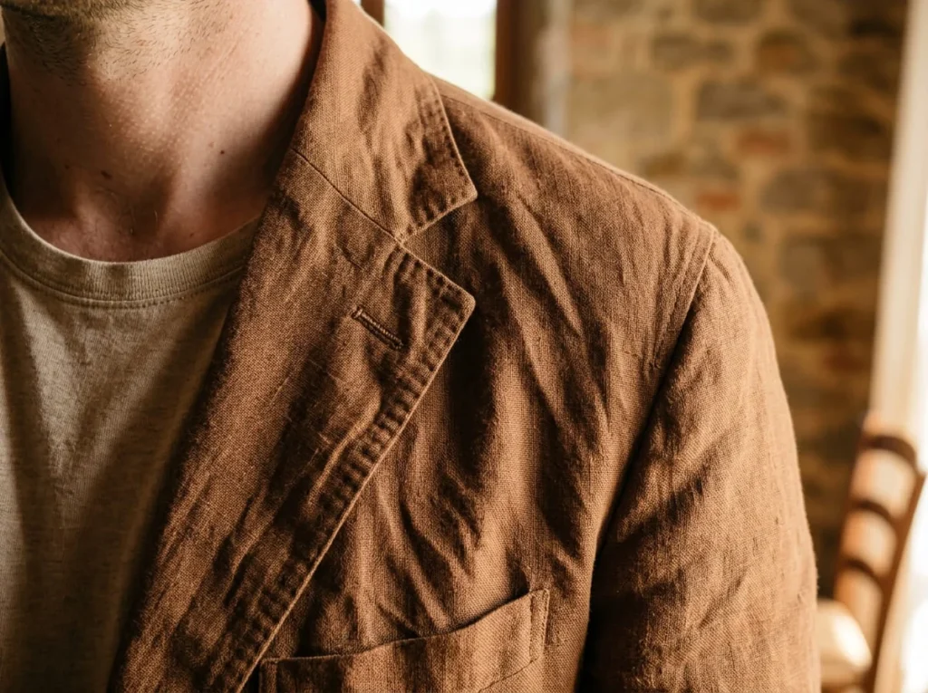 Close-up of a tobacco linen jacket showing its natural creases and texture