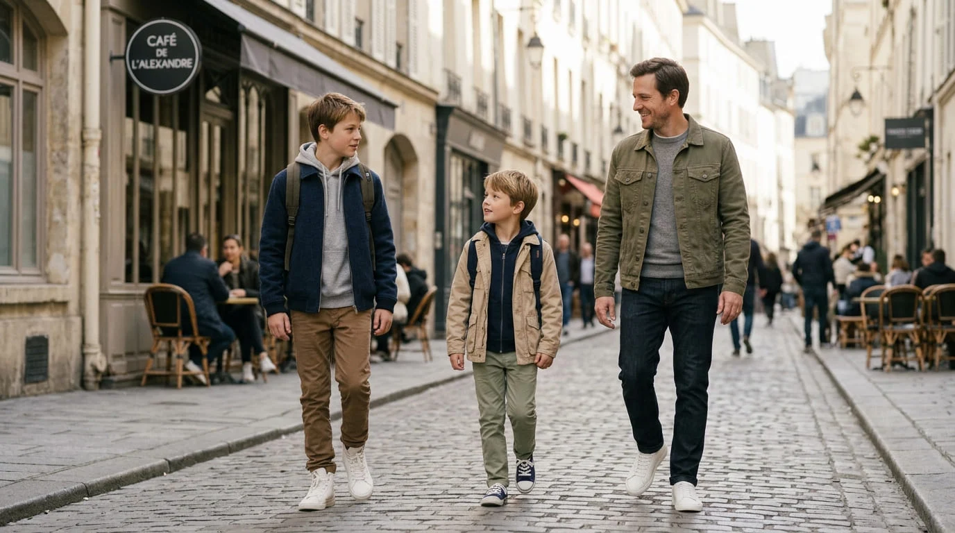 Two boys in casual layered outfits walking home from school