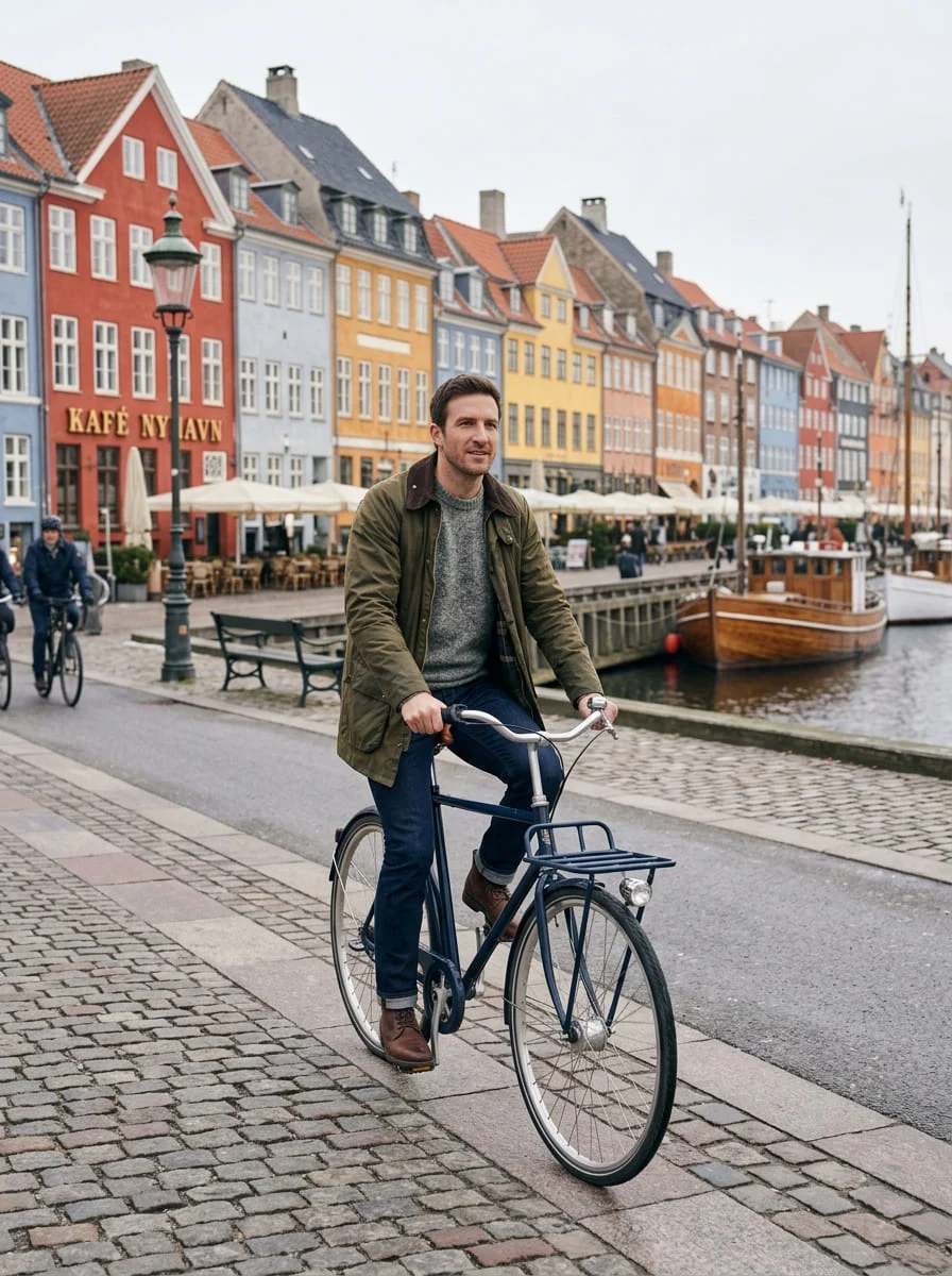 A man in a navy rain jacket cycling past colourful houses in Copenhagen