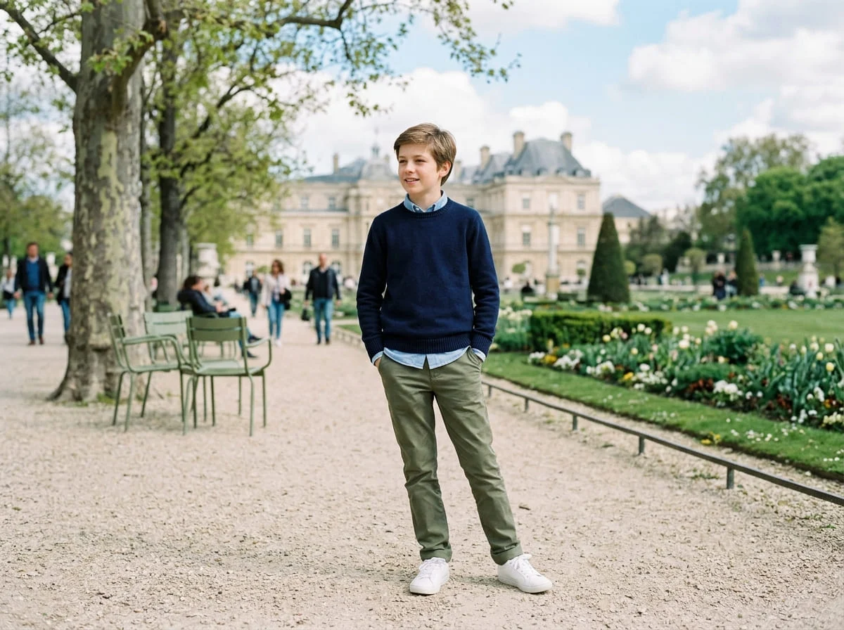A boy in a navy knit over a light blue shirt and olive chinos in a Paris park