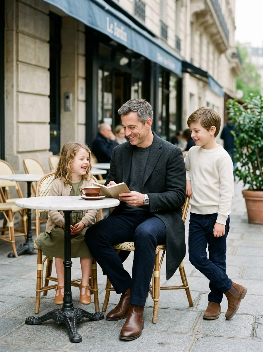 A man in a charcoal overcoat seated at a Paris café terrace