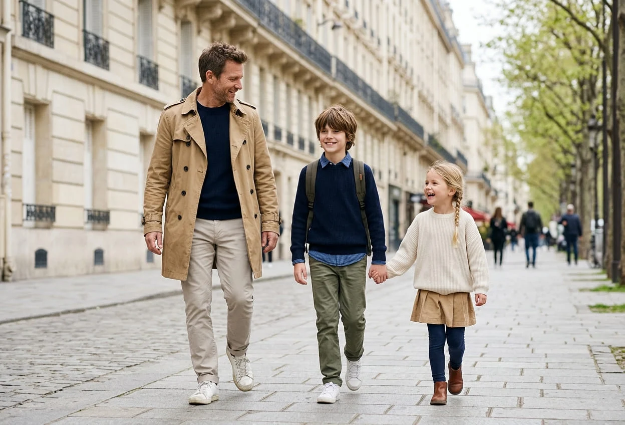 A family in layered neutral outfits walking along a Paris boulevard