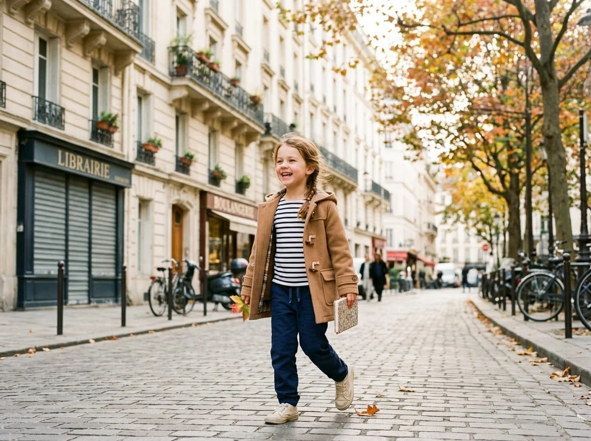 A young child in a striped top and camel duffle coat on a Paris street
