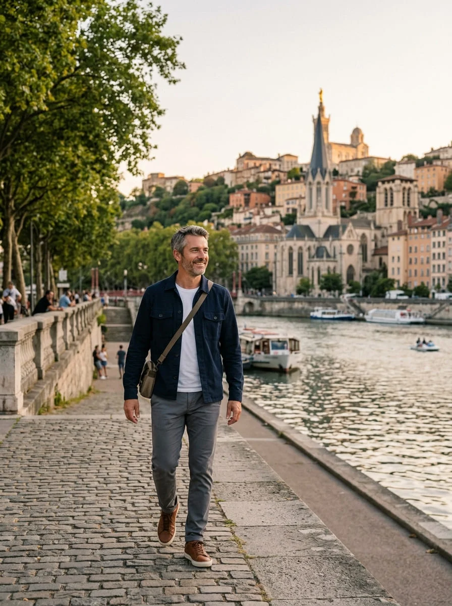 A man in polished weekend clothes by the river in Lyon