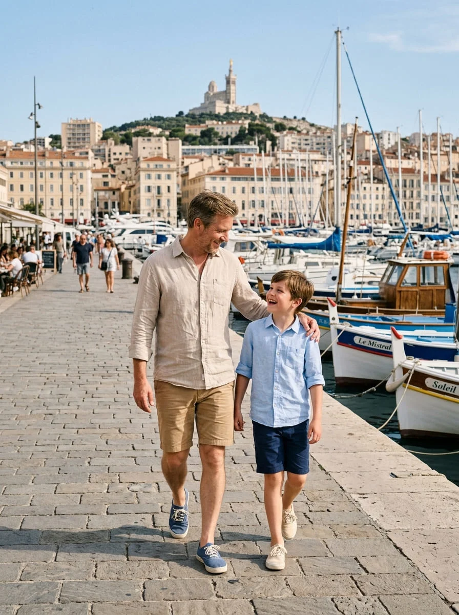 A father and son in light Mediterranean clothing at the Marseille harbour