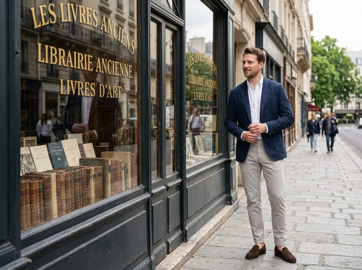 A man in a navy blazer, white Oxford shirt and stone chinos in Paris