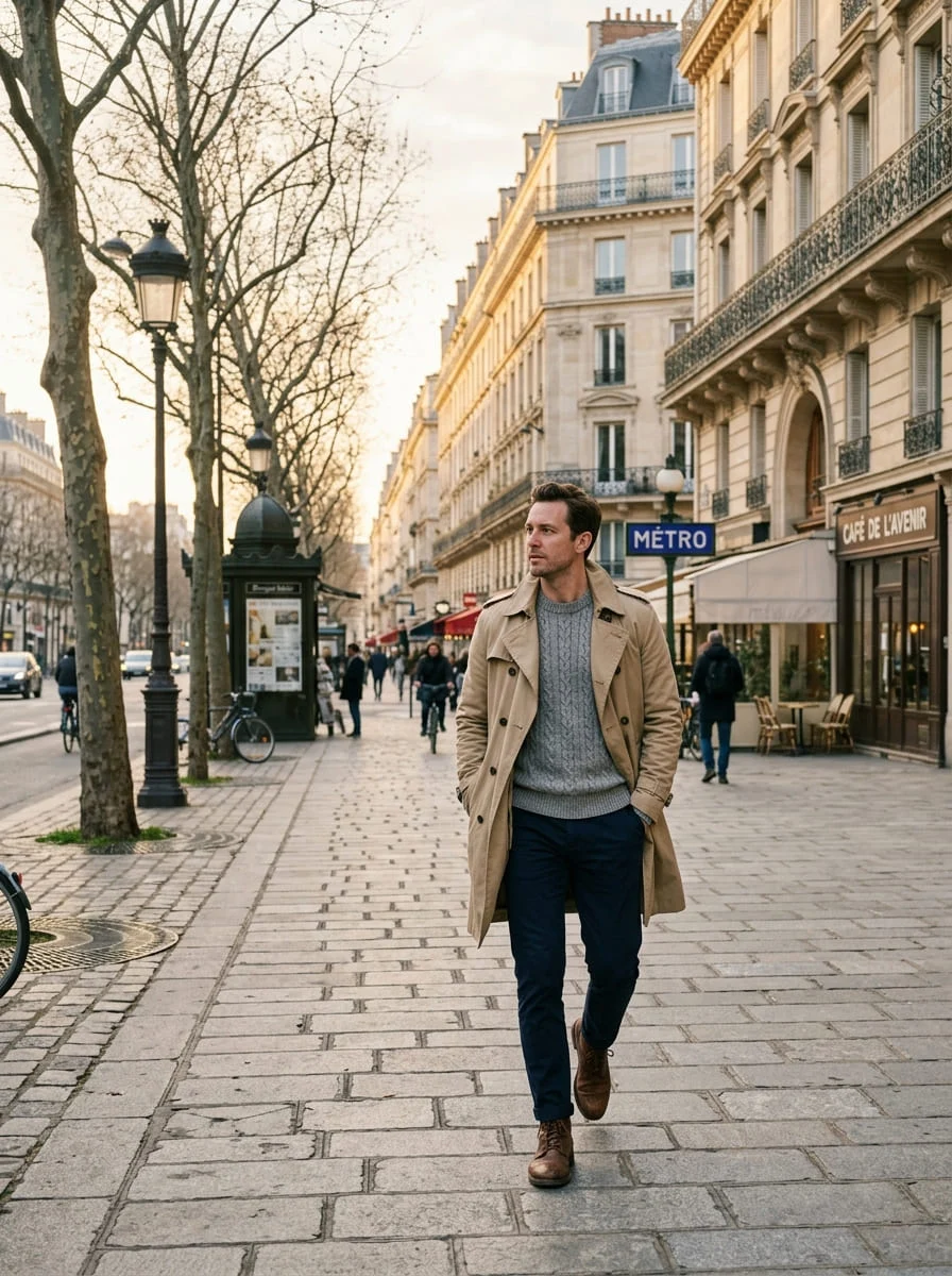 Neutral layered outfit on a Paris street with Haussmann buildings