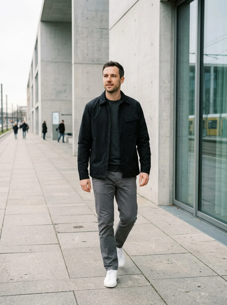 A man in a black overshirt and white sneakers in front of modern concrete architecture in Berlin