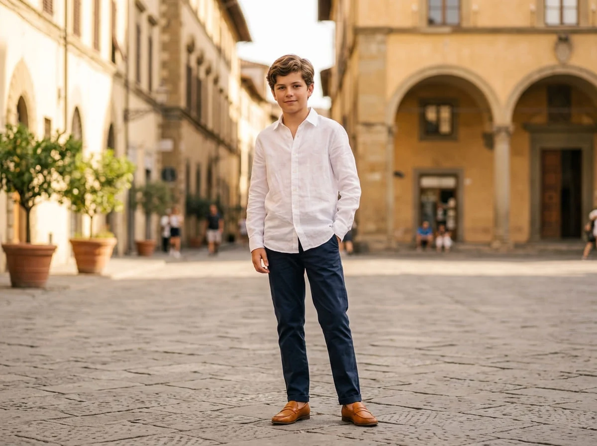 A boy in a white linen shirt and navy chinos in an Italian square