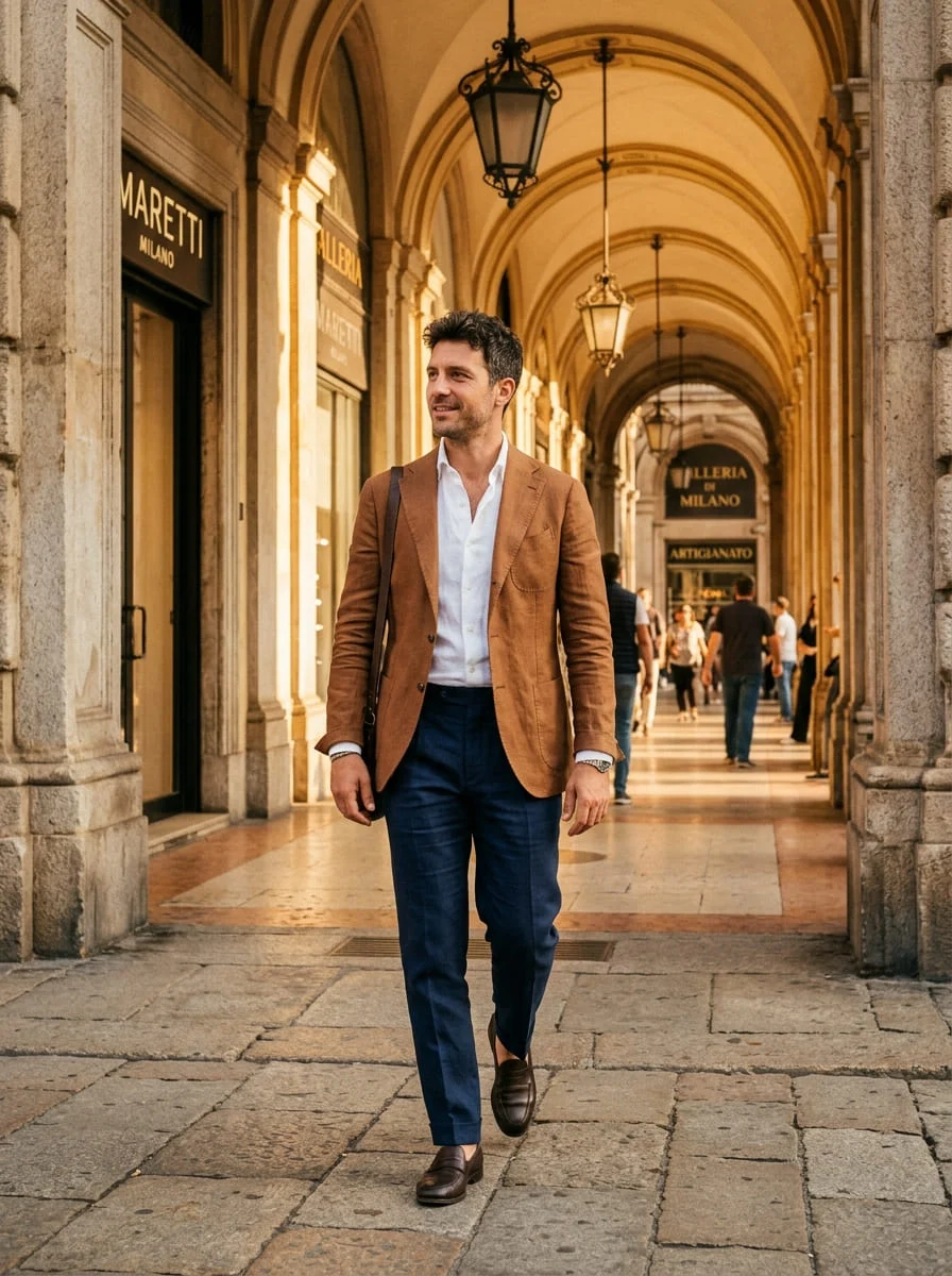 A man in a tobacco linen jacket walking through a stone arcade in Milan