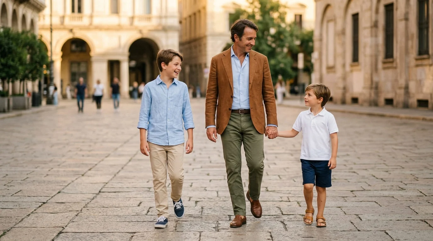 A family in light summer tailoring in a Milan piazza