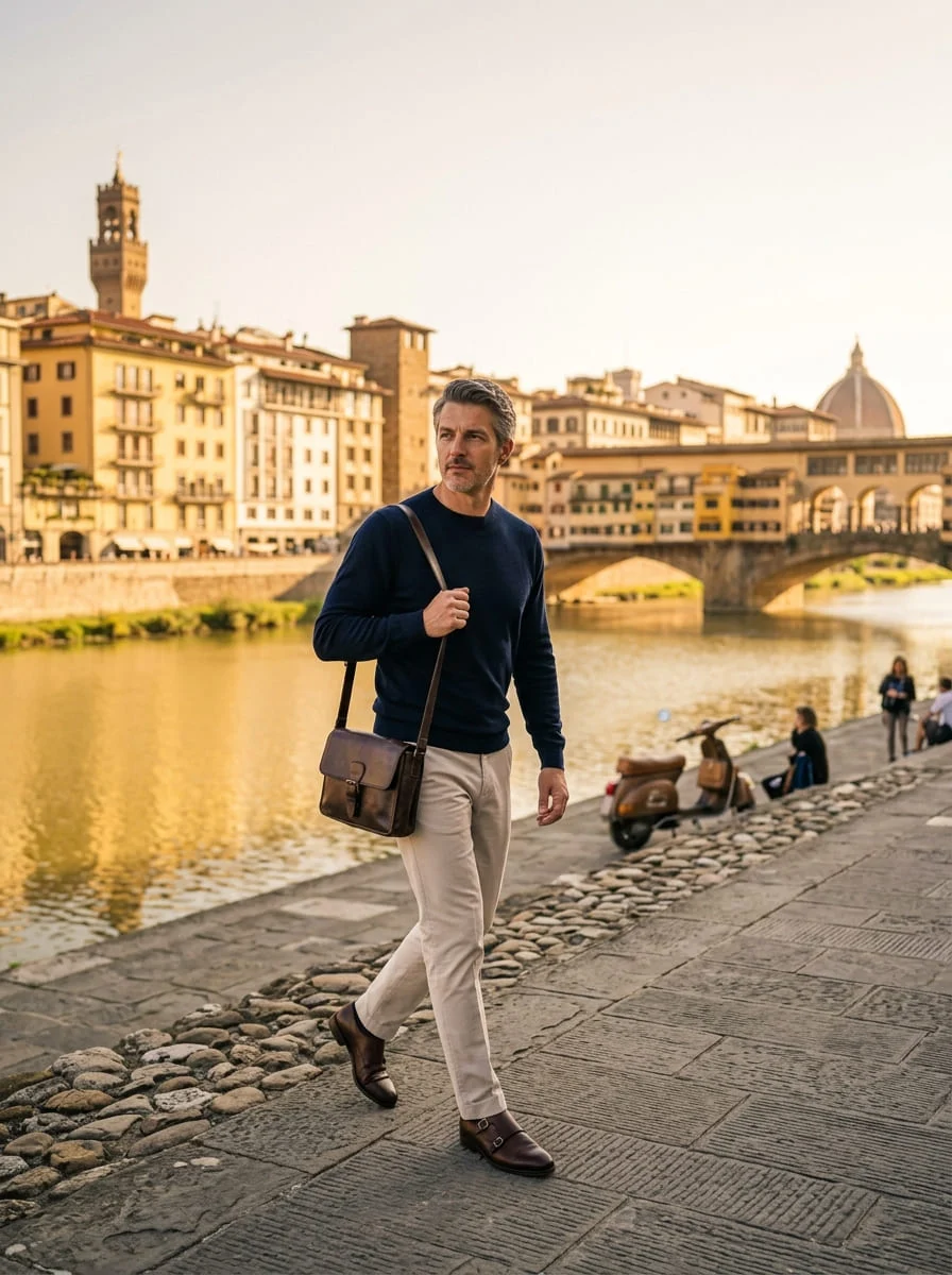 A man with a leather bag on a Florence street near the river