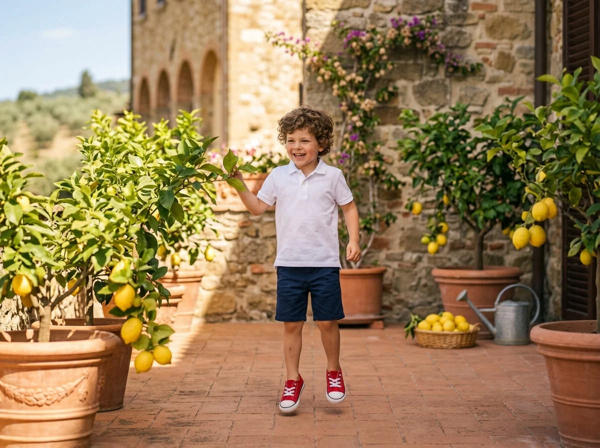 A young child in a white polo and navy shorts by a Mediterranean terrace