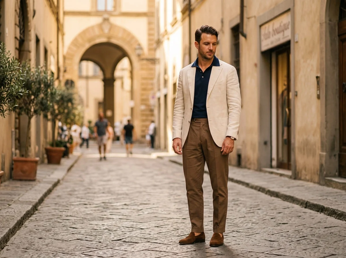 A man in an unstructured blazer and pleated trousers in Florence