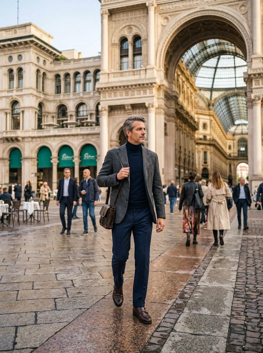 A man in soft tailoring by the Milan Galleria