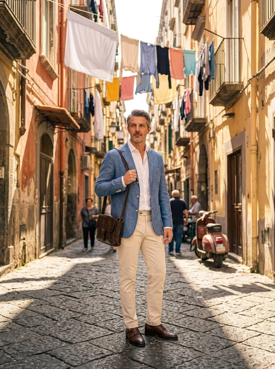 A man in an unstructured linen jacket on a sunny Naples street