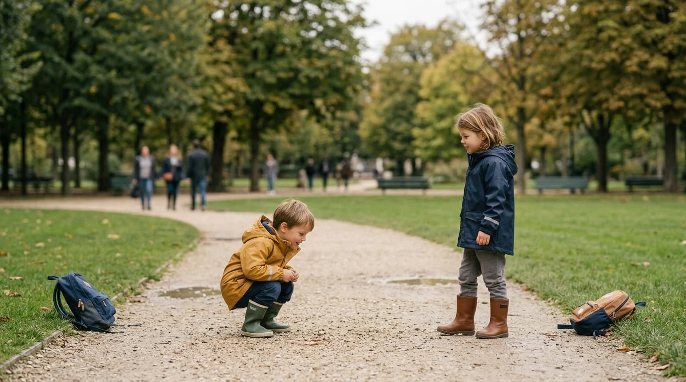 Two young children in colourful rain jackets playing in a park
