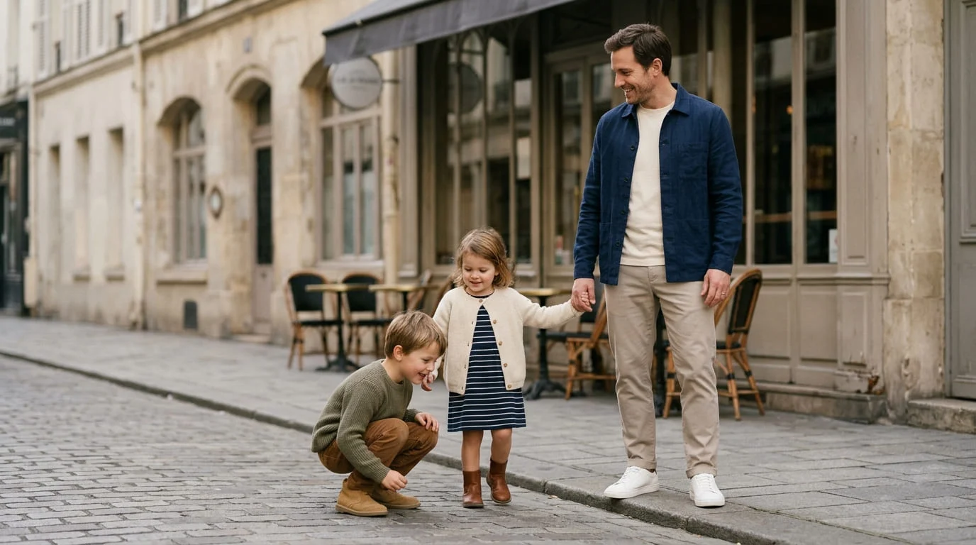 A man in a navy overshirt and chinos on a European street