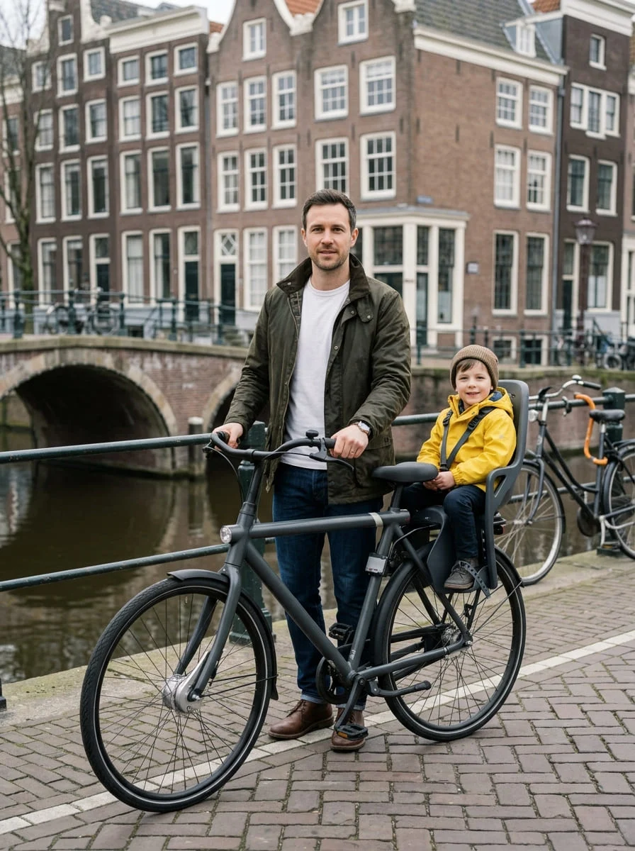 A man with a city bicycle beside an Amsterdam canal, a child in a yellow rain jacket in the bike seat