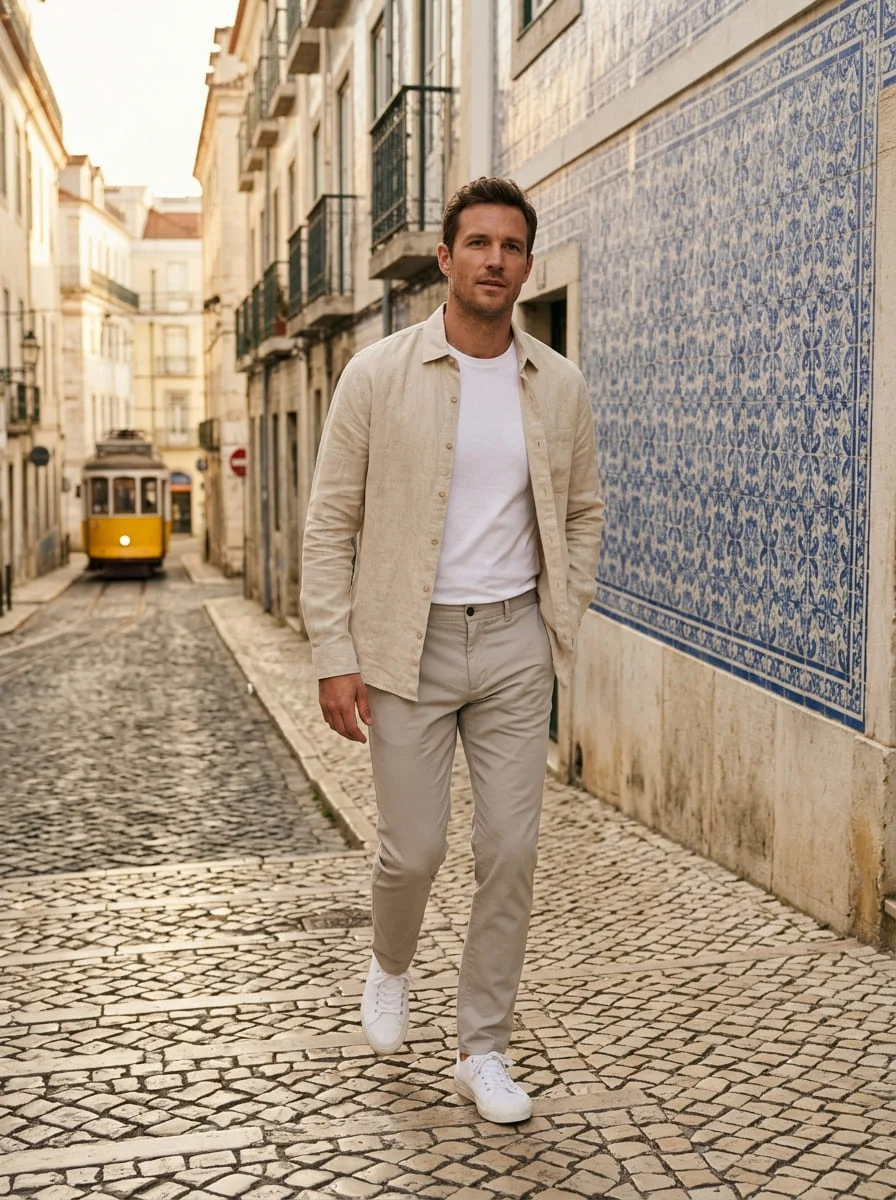 A man in a light linen overshirt on a tiled Lisbon street