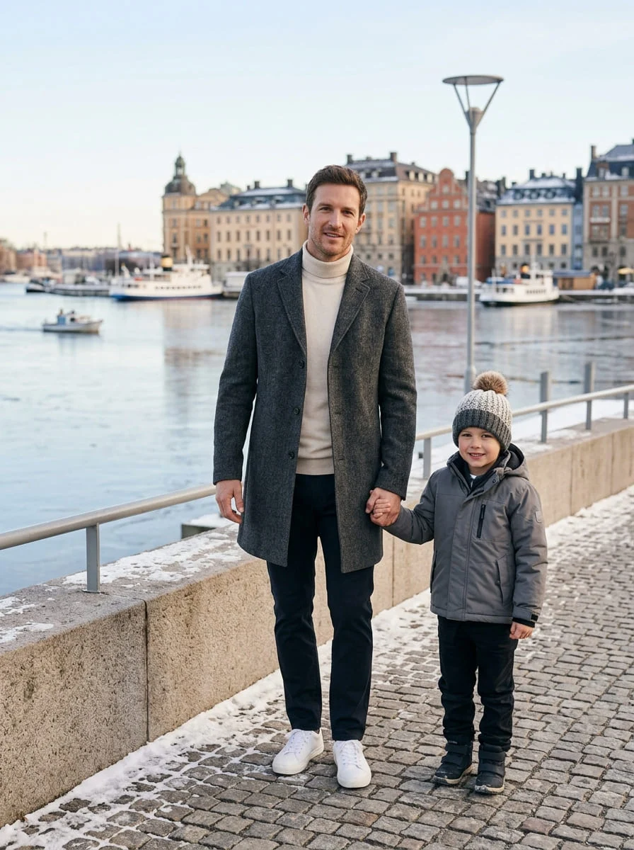 A father and child in minimalist winter layers by the Stockholm waterfront