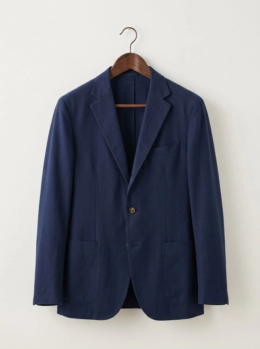 A navy unstructured blazer on a wooden hanger