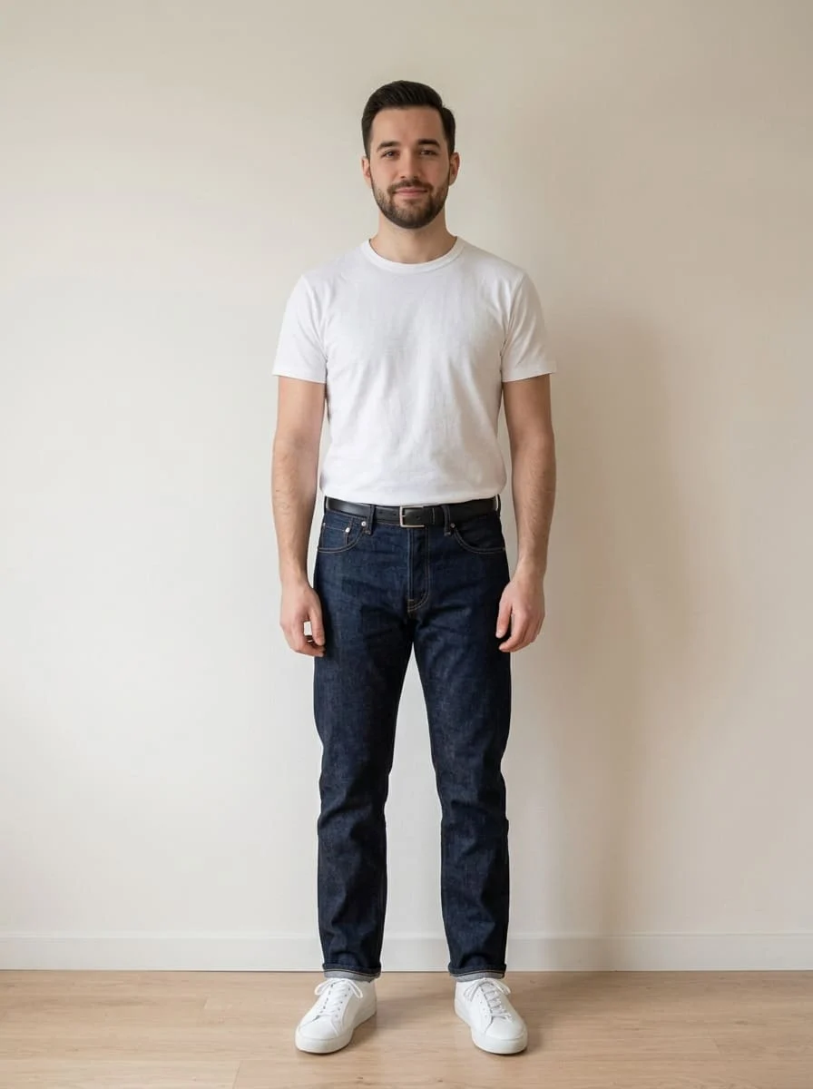 Full-length photo of a man in a plain white tee and jeans against a light wall