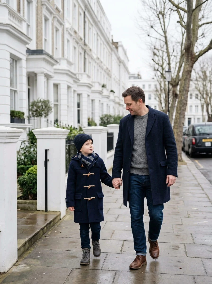 A man in a navy overcoat and a boy in a duffle coat on a London terrace street